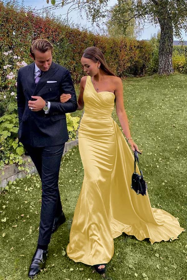 Green Mermaid Prom Dress Sleeveless One Shoulder Satin Evening Dress