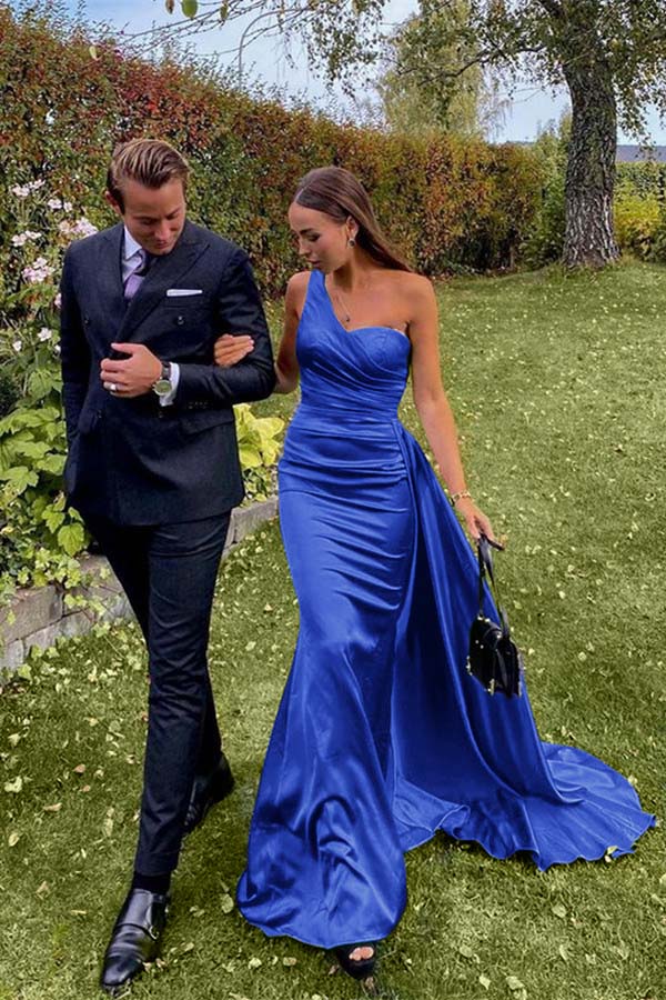 Green Mermaid Prom Dress Sleeveless One Shoulder Satin Evening Dress