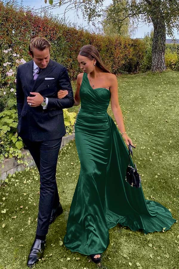 Green Mermaid Prom Dress Sleeveless One Shoulder Satin Evening Dress