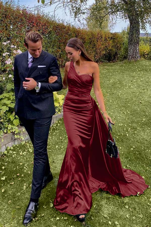 Green Mermaid Prom Dress Sleeveless One Shoulder Satin Evening Dress