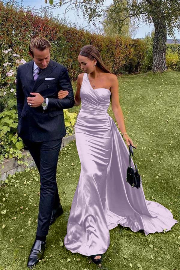 Green Mermaid Prom Dress Sleeveless One Shoulder Satin Evening Dress