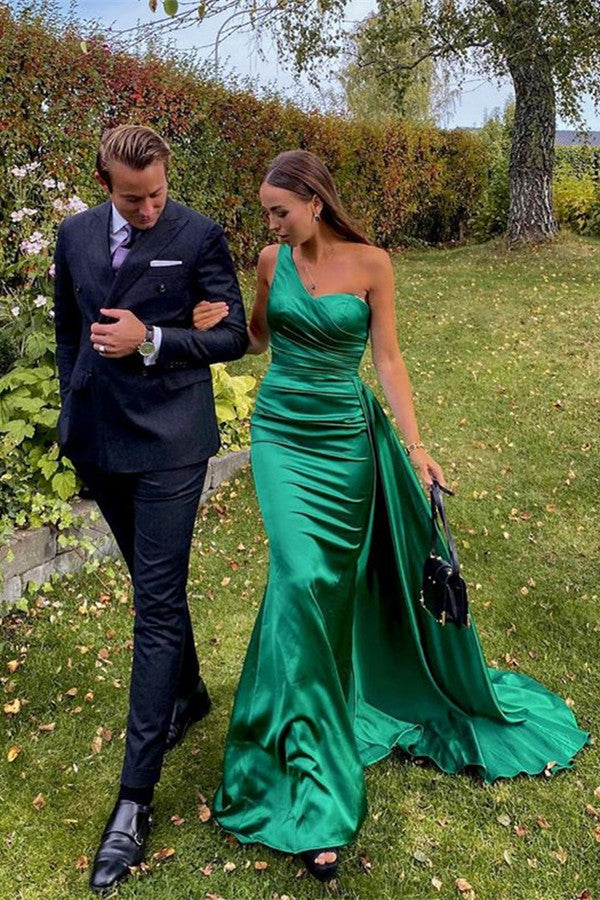 Green Mermaid Prom Dress Sleeveless One Shoulder Satin Evening Dress