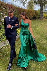 Green Mermaid Prom Dress Sleeveless One Shoulder Satin Evening Dress