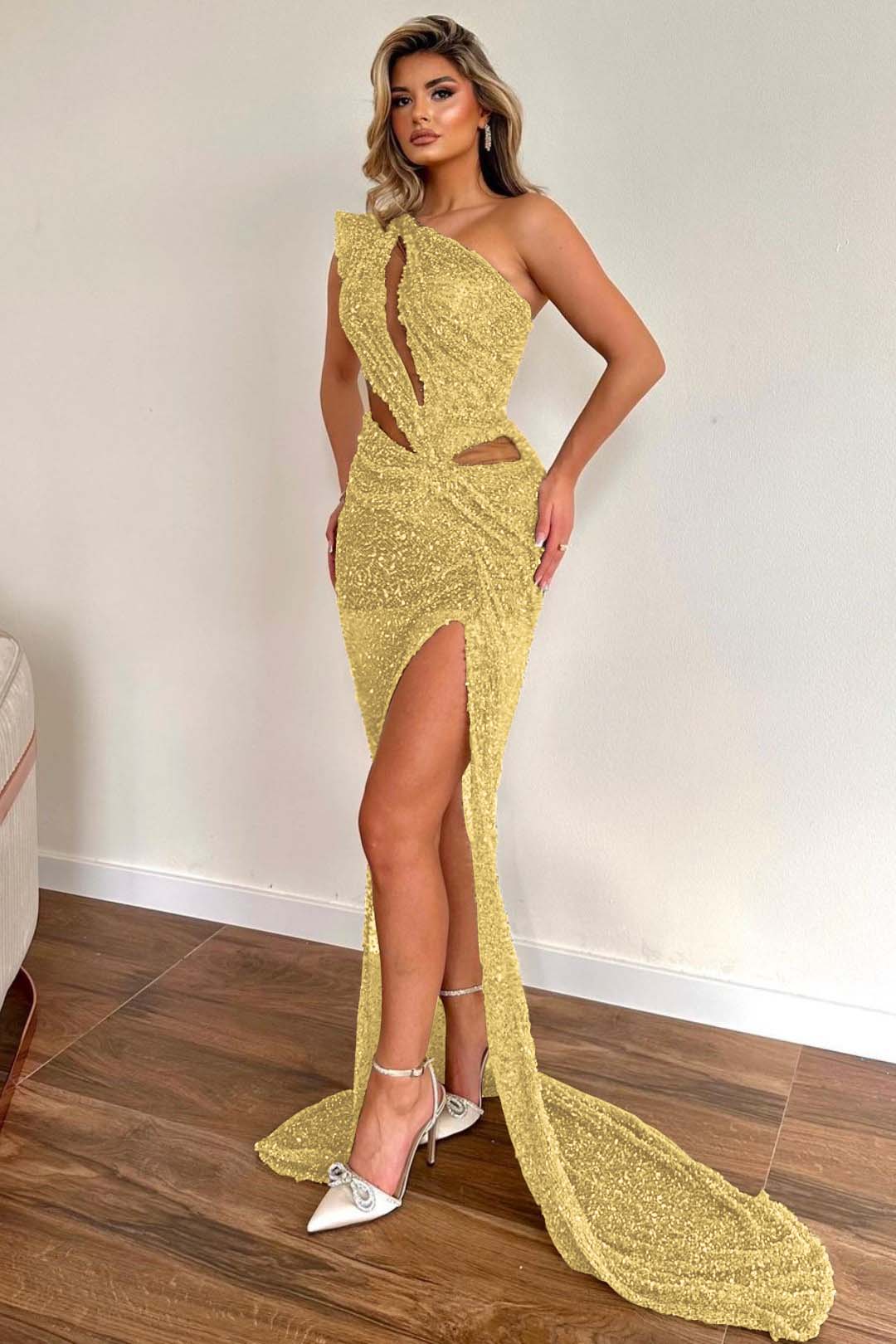 Green Mermaid Prom Dress Sleeveless One Shoulder Sequined Evening Dress