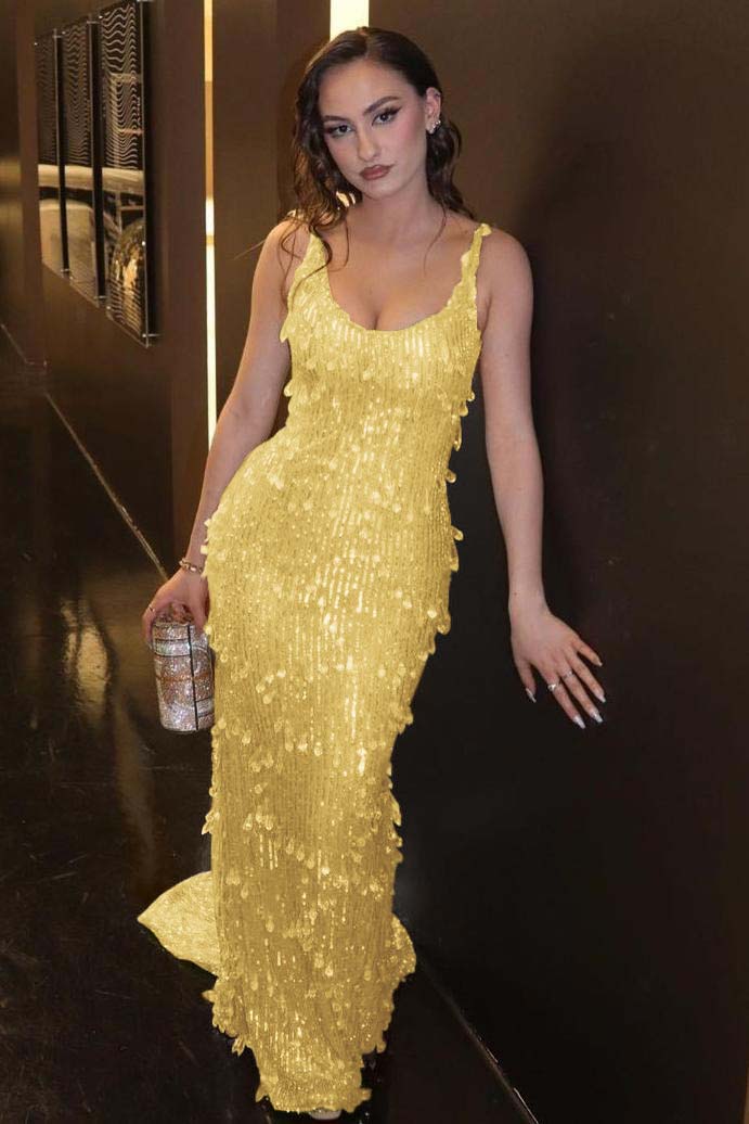 Green Mermaid Prom Dress Sleeveless Scoop Neck Sequined Evening Dress