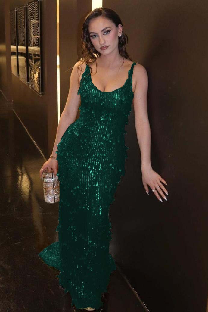 Green Mermaid Prom Dress Sleeveless Scoop Neck Sequined Evening Dress