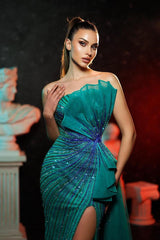 Green Mermaid Prom Dress Sleeveless Strapless Beaded Evening Dress