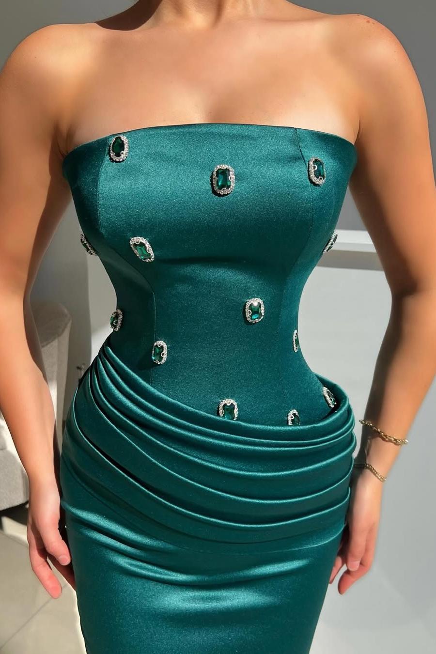 Green Mermaid Prom Dress Sleeveless Strapless Beaded Evening Dress