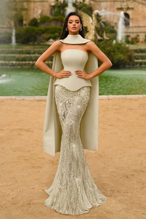 Green Mermaid Prom Dress Sleeveless Strapless Evening Dress With Lace Appliques