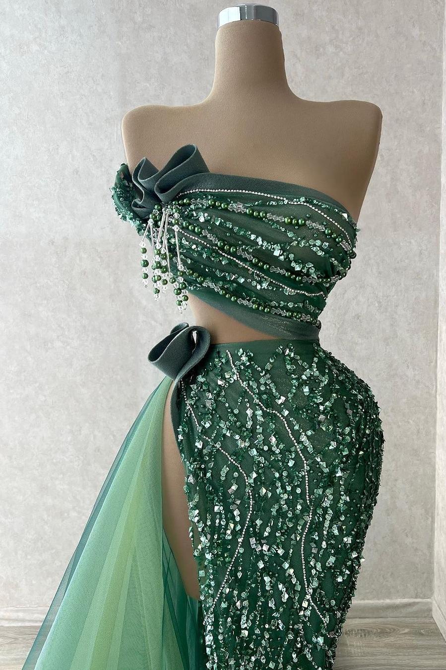 Green Mermaid Prom Dress Strapless Beaded Evening Dress