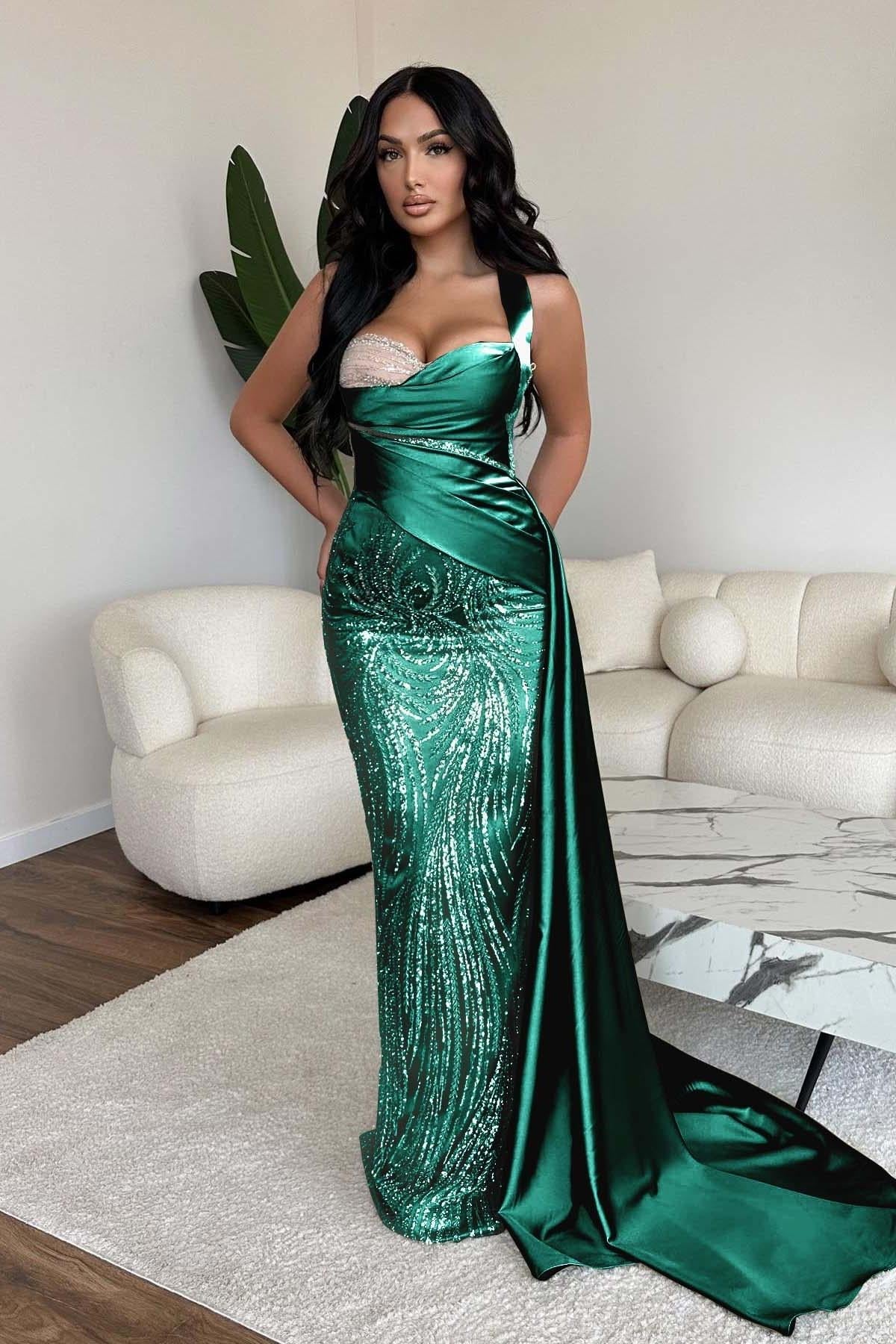 Green Mermaid Prom Dress Sweetheart Sequined Evening Dress