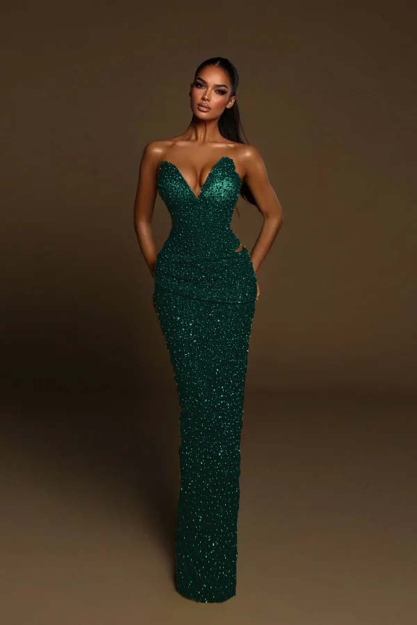 Green Mermaid Prom Dress Sweetheart Sleeveless Sequined Evening Dress
