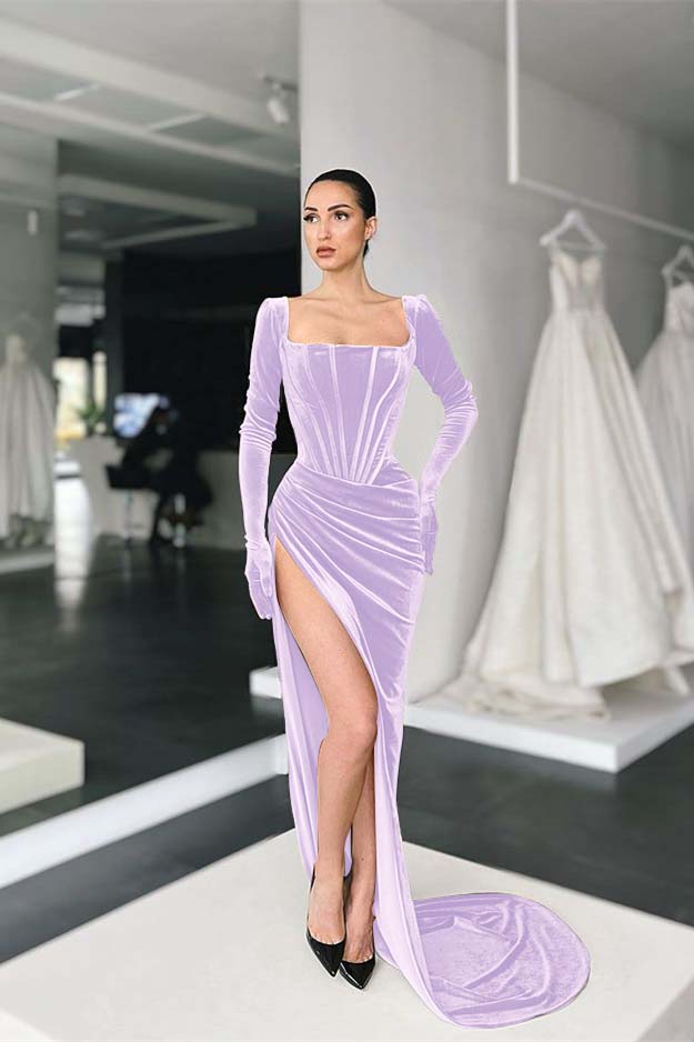 Green Mermaid Velvet Dress Long Sleeve Square Neck Evening Evening Dress