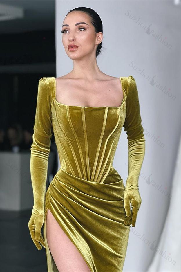 Green Mermaid Velvet Dress Long Sleeve Square Neck Evening Evening Dress