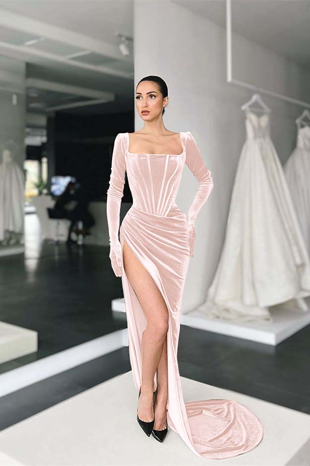 Green Mermaid Velvet Dress Long Sleeve Square Neck Evening Evening Dress