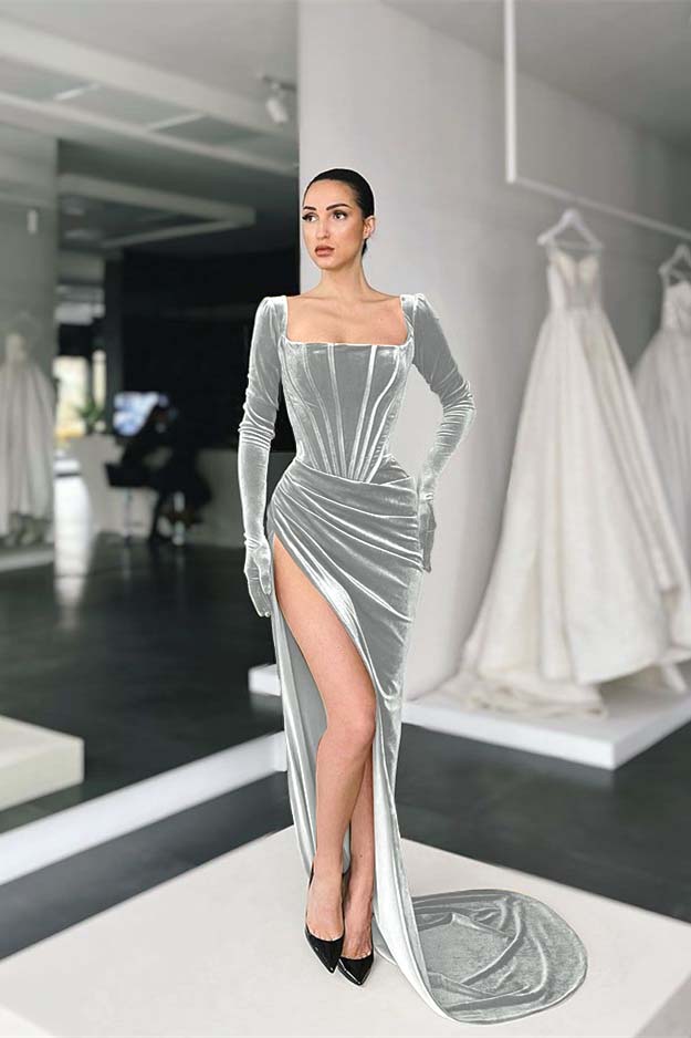 Green Mermaid Velvet Dress Long Sleeve Square Neck Evening Evening Dress