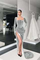 Green Mermaid Velvet Dress Long Sleeve Square Neck Evening Evening Dress