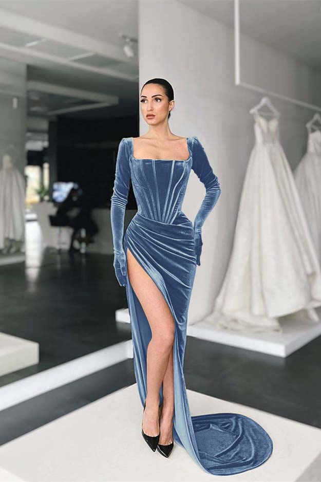 Green Mermaid Velvet Dress Long Sleeve Square Neck Evening Evening Dress