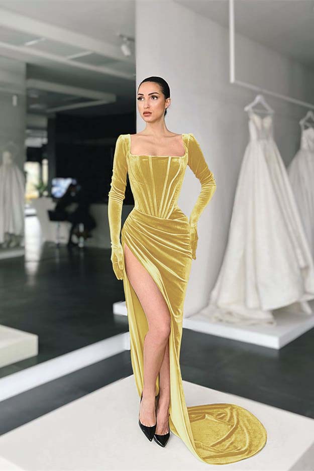 Green Mermaid Velvet Dress Long Sleeve Square Neck Evening Evening Dress