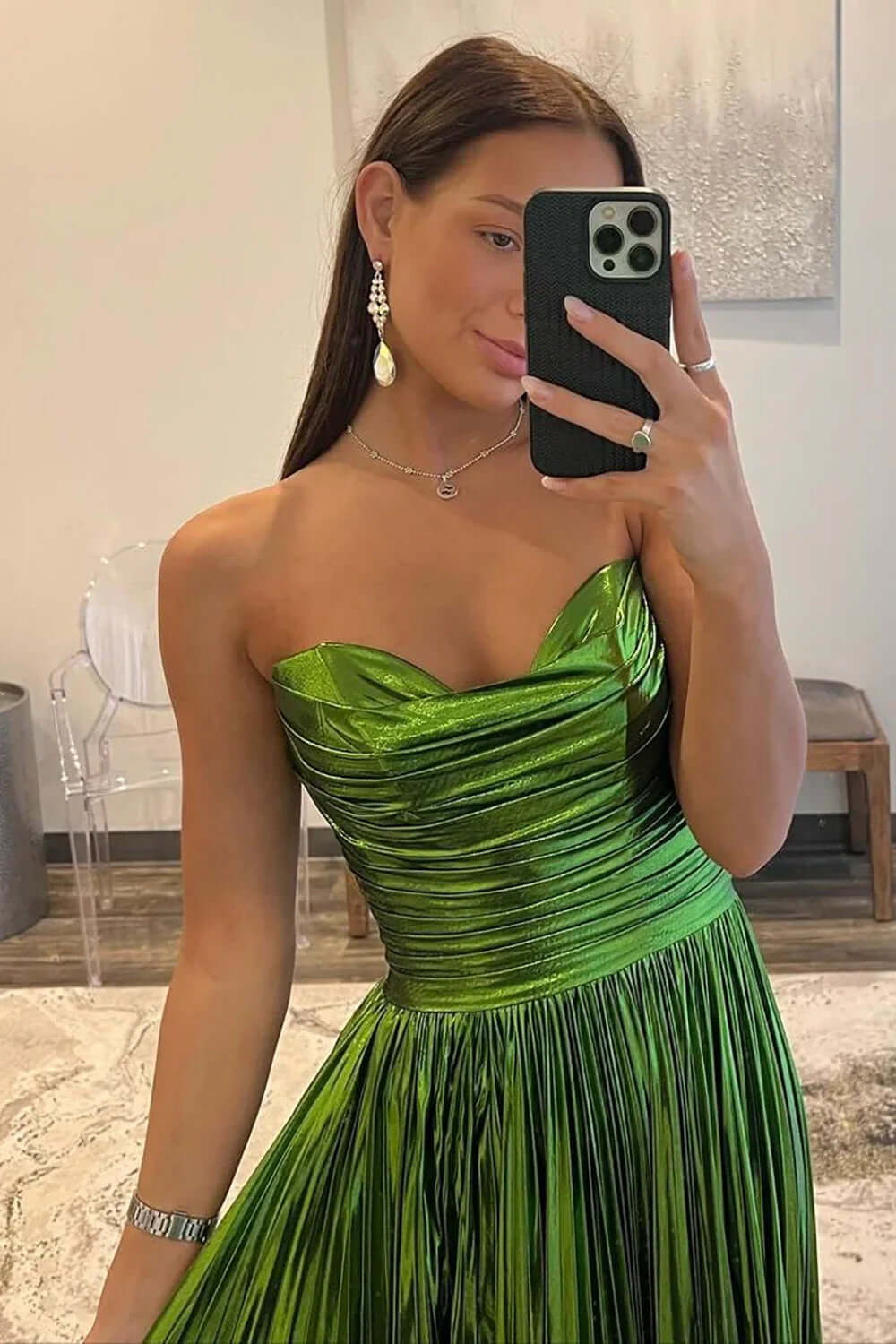 Green Metallic Sweetheart Long Prom Dress with Slit