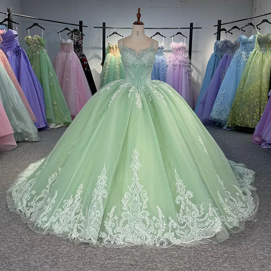 Green Quinceanera Prom Dress Sleeveless Princess Glitter Sweet 16 Dress