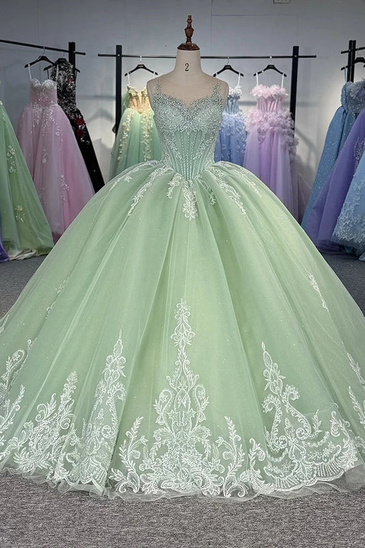 Green Quinceanera Prom Dress Sleeveless Princess Glitter Sweet 16 Dress