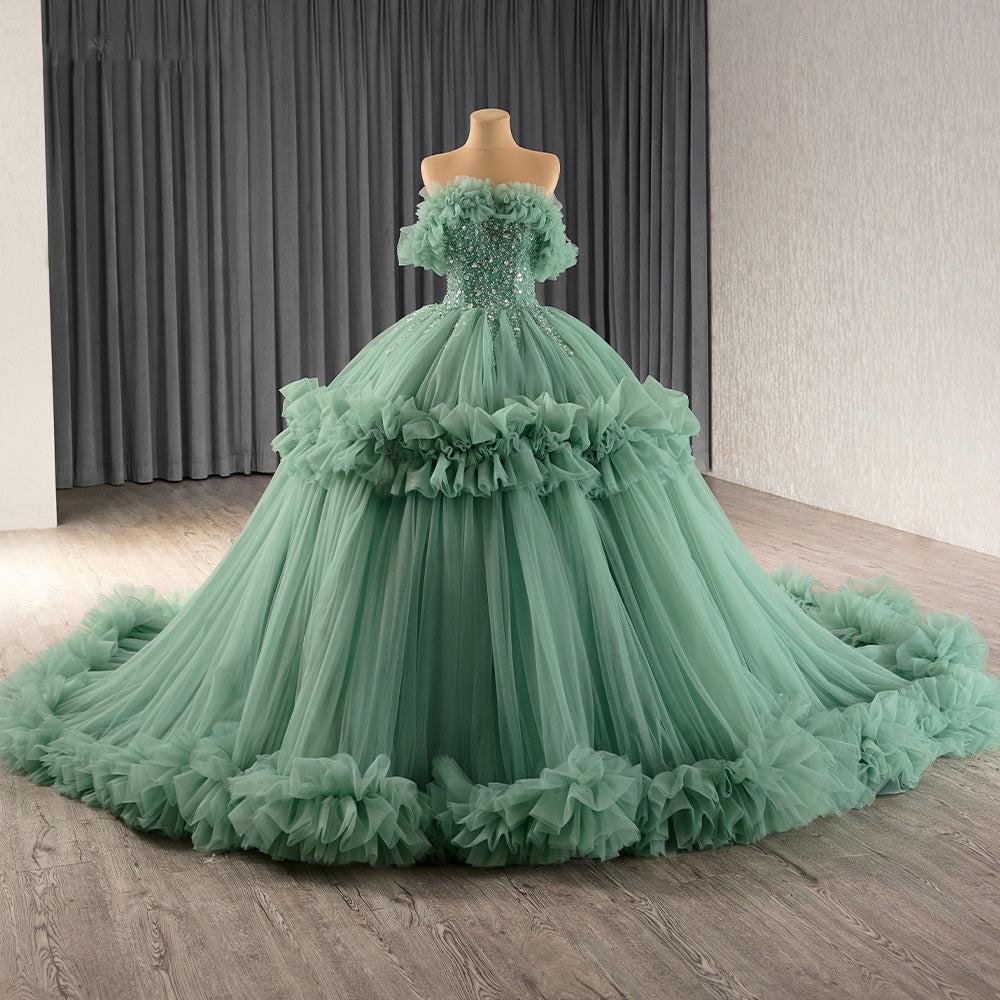 Green Off the Shoulder Evening Dress Ball Gown Beaded Prom Dress