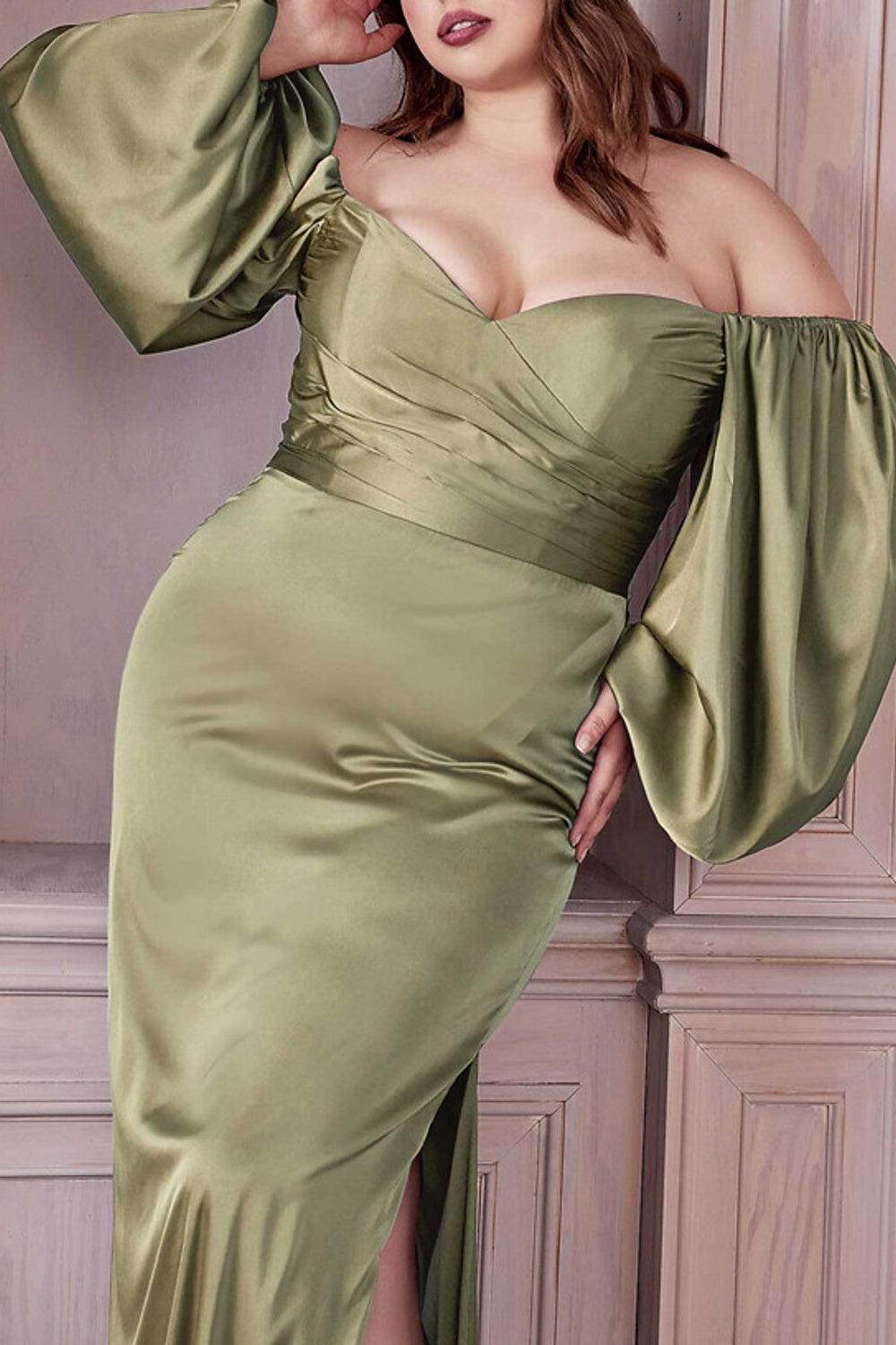 Green Plus Size Wedding Guest Dress Off the Shoulder Long Sleeves Bridesmaid Dress