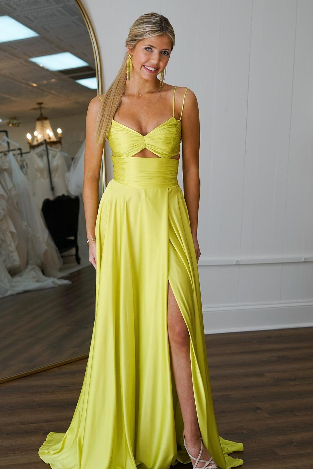 Green Prom Dress A Line Spaghetti Straps Evening Dress with Slit