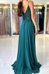 Green Prom Dress A Line Spaghetti Straps Lace Formal Dress With Slit