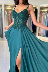Green Prom Dress A Line Spaghetti Straps Lace Formal Dress With Slit