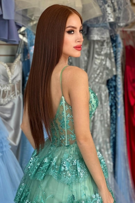 Green Prom Dress A Line Spaghetti Straps Sequined Lace Formal Dress