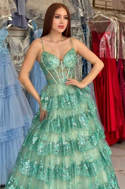 Green Prom Dress A Line Spaghetti Straps Sequined Lace Formal Dress