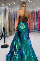 Green Prom Dress Corset Metallic Long Formal Dress With Slit