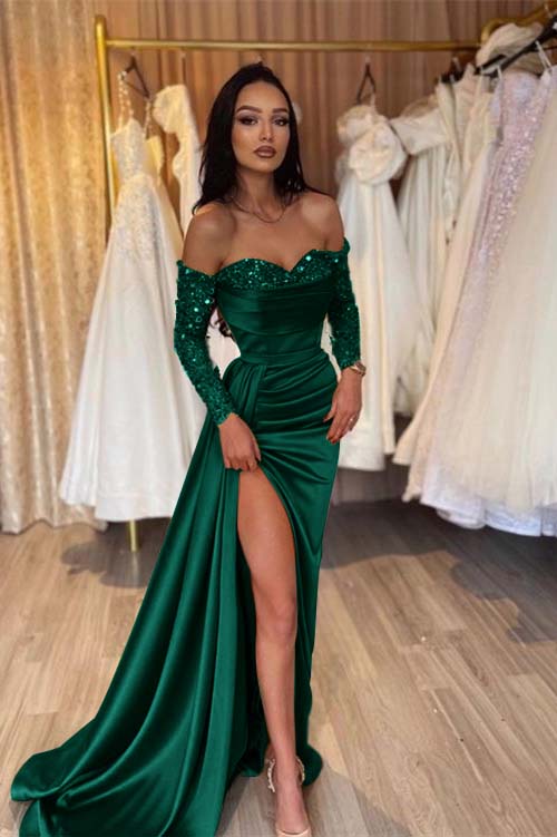 Green Prom Dress Long Sleeve Off the Shoulder Mermaid Sequined Evening Dress