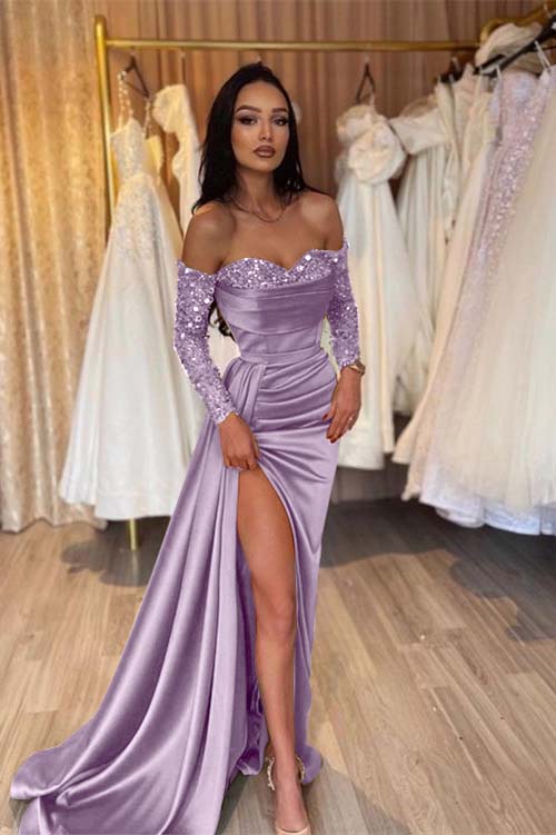 Green Prom Dress Long Sleeve Off the Shoulder Mermaid Sequined Evening Dress