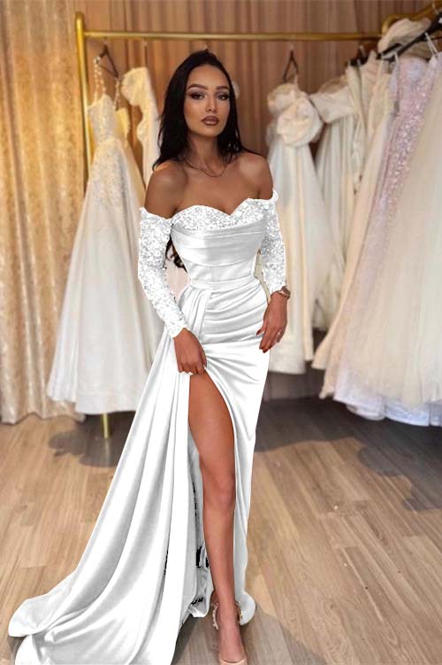 Green Prom Dress Long Sleeve Off the Shoulder Mermaid Sequined Evening Dress