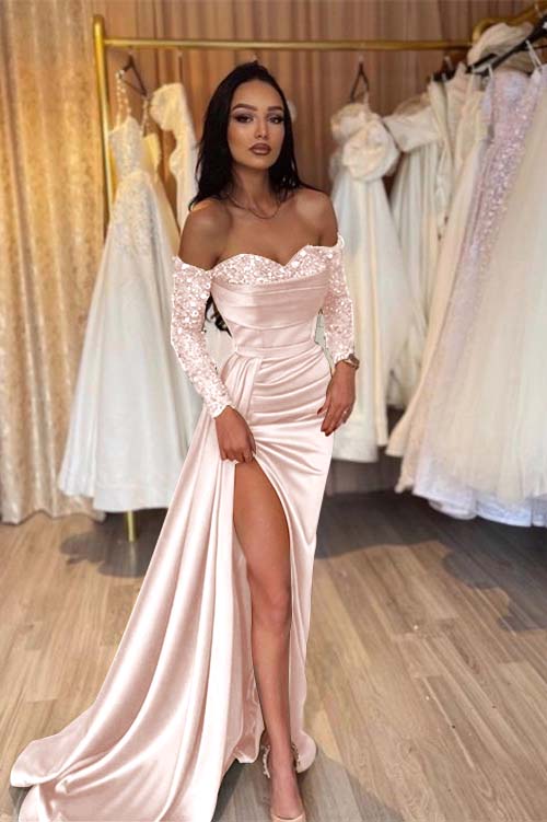 Green Prom Dress Long Sleeve Off the Shoulder Mermaid Sequined Evening Dress