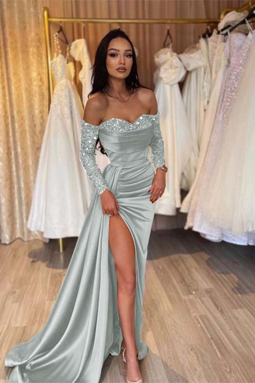 Green Prom Dress Long Sleeve Off the Shoulder Mermaid Sequined Evening Dress