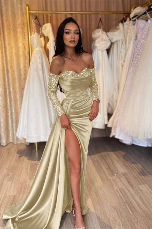 Green Prom Dress Long Sleeve Off the Shoulder Mermaid Sequined Evening Dress