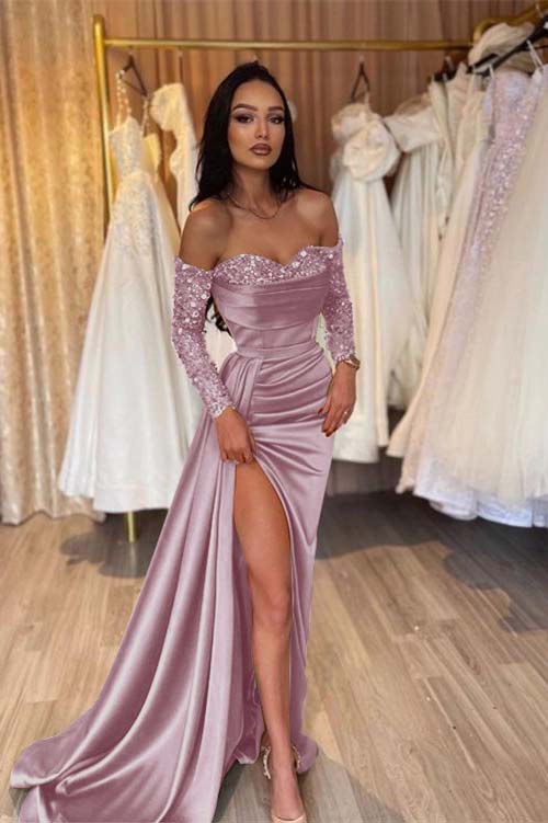 Green Prom Dress Long Sleeve Off the Shoulder Mermaid Sequined Evening Dress