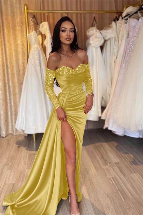 Green Prom Dress Long Sleeve Off the Shoulder Mermaid Sequined Evening Dress
