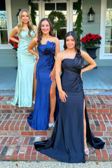 Green Prom Dress Mermaid Ruched Satin Formal Dress With Slit