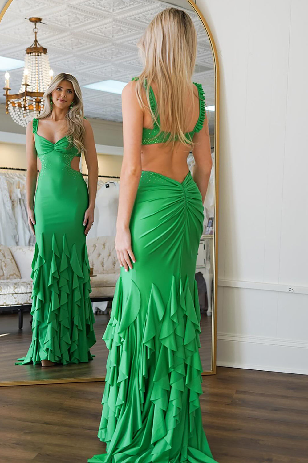 Green Prom Dress Mermaid Ruffled Satin Long Formal Dress With Beadings