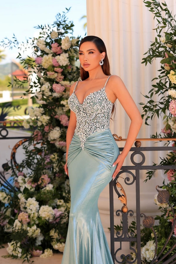 Green Prom Dress Mermaid Spaghetti Straps Lace Satin Formal Dress