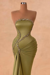 Green Prom Dress Mermaid Strapless Beaded Column Sleeveless Satin Panel Train Formal Dress With Rhinestone
