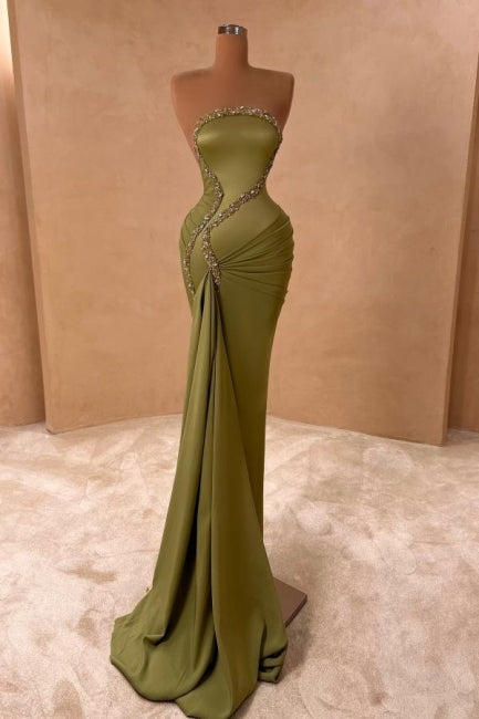 Green Prom Dress Mermaid Strapless Beaded Column Sleeveless Satin Panel Train Formal Dress With Rhinestone