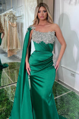 Green Prom Dress Mermaid Strapless One Shoulder Beaded Cap Sleeve Satin Formal Dress With Appliques