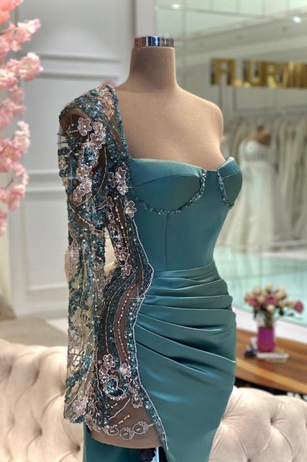 Green Prom Dress Mermaid Strapless One Shoulder Sleeve Beaded Satin Slit Formal Dress With Rhinestone