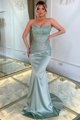 Green Prom Dress Mermaid Strapless Sleeveless Beaded Satin Formal Dress With Pearls